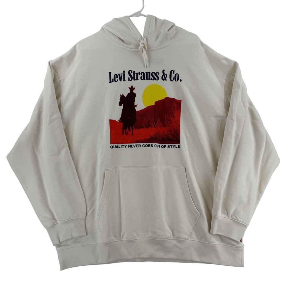 Levi's Hoodie Mens 2XL White Cowboy Western Graphic Relaxed Fleece Sweatshirt